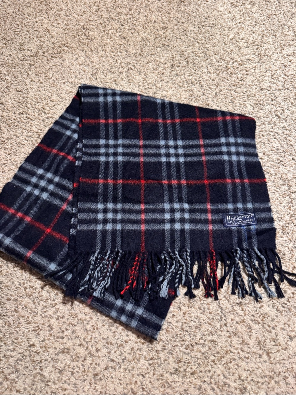 Vintage Burberrys of London Cashmere Navy Plaid Fringe Wool Scarf